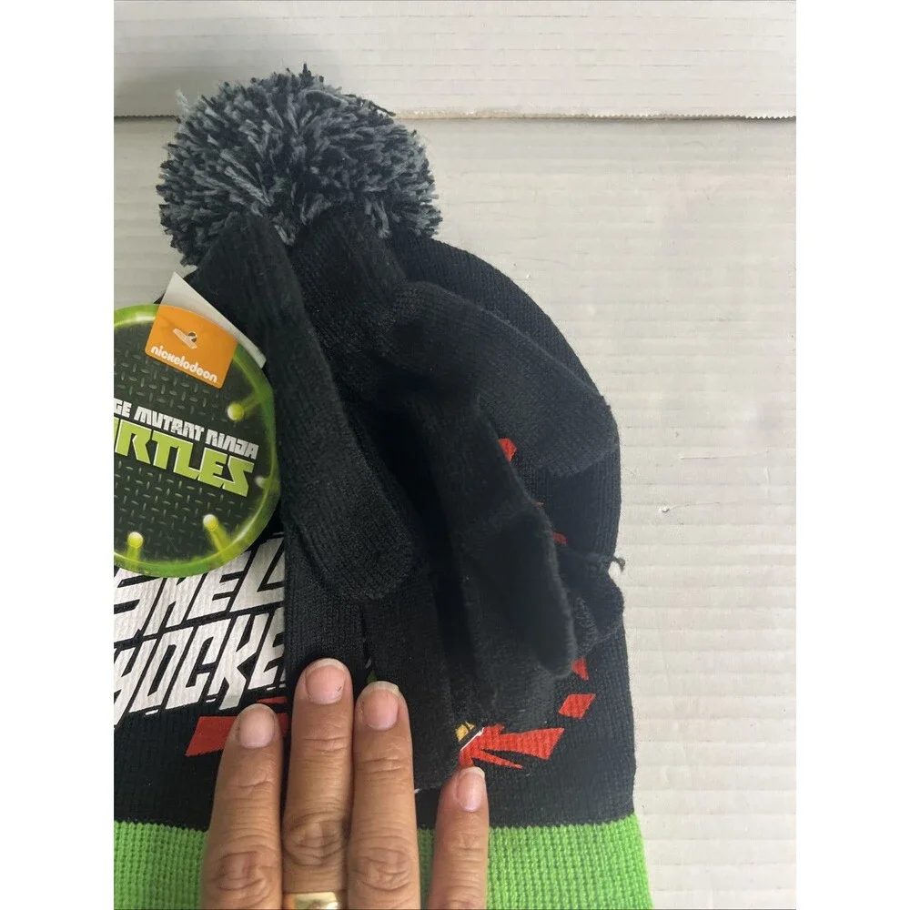 TMNT Shell Shocked Boys Beanie Hat & Gloves Black‎ Pom Pom NEW